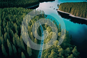 Road with automobiles between a green forest and a lake. Generative ai