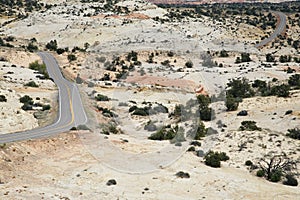 Road through barren desert elevated view