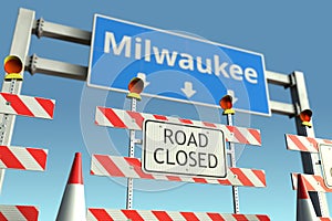 Road barricades near Milwaukee city road sign. Lockdown in the United States conceptual 3D rendering