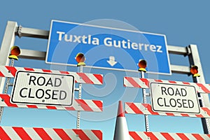 Road barricades near Tuxtla Gutierrez city road sign. Lockdown in Mexico conceptual 3D rendering