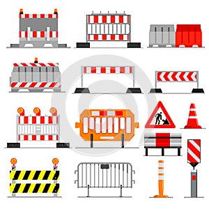 Road barrier vector street traffic-barrier under construction warning roadblock blocks on highway illustration set of