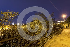 A road in the beautiful park Letna in Prague at night