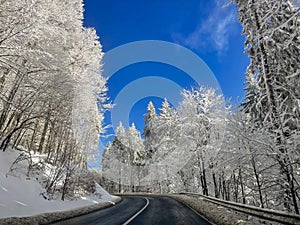 Road in a beautiful winter landscape with clear blue sky