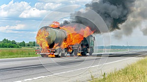 The road becomes a scene of devastation, as a tanker truck goes up in flames.