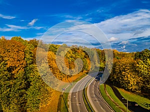 Road bend in the autumn falling golden trees background and blue sky