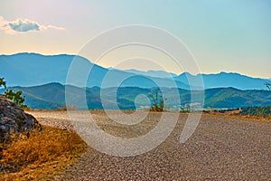 Road bend and panoramic view of Thessaly valley