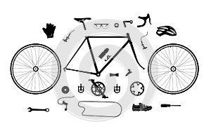 Road bicycle parts and accessories silhouette set, elements for infographic, etc
