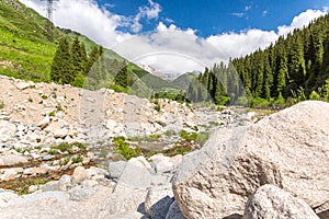 Road on Big Almaty Lake, nature green mountains and blue sky in Almaty, Kazakhstan,Asia