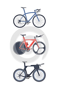 Road bike set. Flat icons. Triatlon bikes. photo