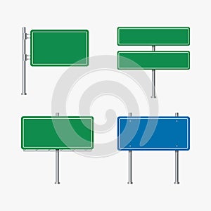 Road billboard vector. Blank advertising billboard. Blue, green road signs. Set of highway signs isolated on a white background.