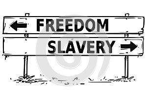 Road Block Arrow Sign Drawing of Freedom or Slavery Decision