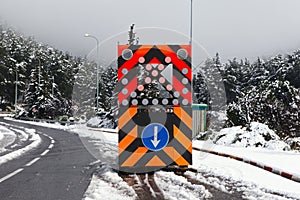 Road block sign due to Heavy snow