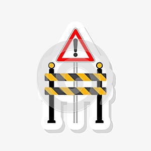 Road block with street sign and warning lights on road sticker icon