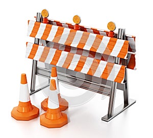 Road block with traffic cones isolated on white background. 3D illustration