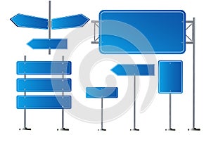 Road blue traffic signs set. Blank board with place for text. Mockup. Isolated information sign. Direction. Vector