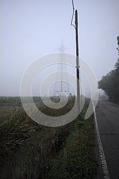 Road bordered by trenches with a pylon in a field by its edge on a foggy day in the italian countryside