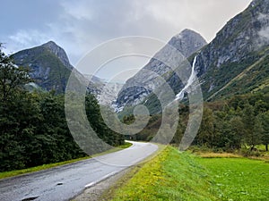 Road in Briksdal glacier valley in south Norway. Europe