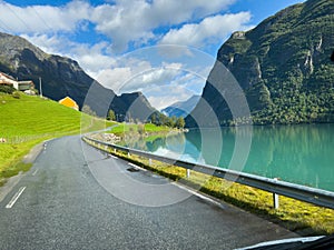 Road in Briksdal glacier valley in south Norway. Europe