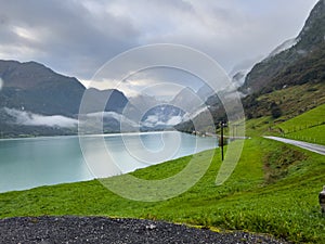 Road in Briksdal glacier valley in south Norway. Europe