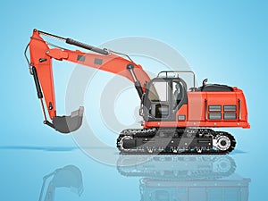 Road building red excavator on metal caterpillar track left side view 3d render on blue background with shadow