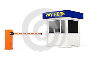 Road Car Barrier and Parking Zone Booth with Pay Here Sign. 3d R
