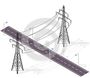 Road for cars crossed by high voltage lines, street lamps. Infrastructure intersecting.