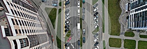 Road with cars near multistorey building top view