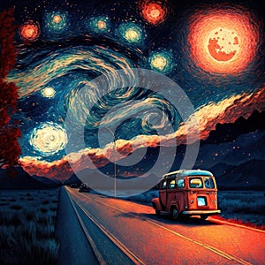 Road with cars, red bus, at night. Milky way, starry sky. Post-impressionism style picture. Generative AI