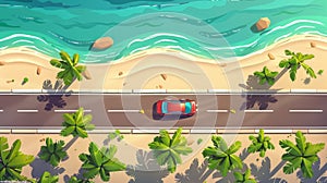 The road with cars is seen from the top view, the straight two-lane highway is along the sea beach with palm trees and