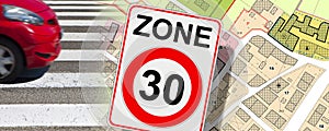 From road for cars to road for people - concept with zone 30 road sign