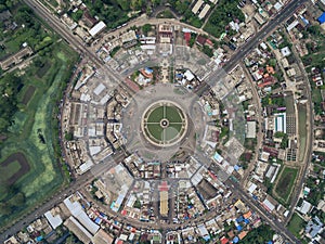 Road circle at 6 lanes come together in thailand.