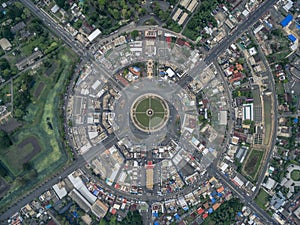 Road circle at 6 lanes come together in thailand.