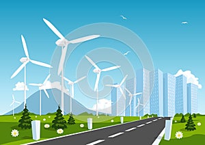 Road into the city around wind power station.
