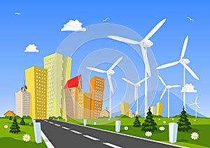 Road into the city around wind power station.