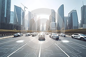 Road in the city with autonomous Driverless cars and people walking on the street. In the background skyline skyscrapers