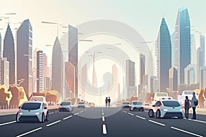 Road in the city with autonomous Driverless cars and people walking on the street. In the background skyline skyscrapers