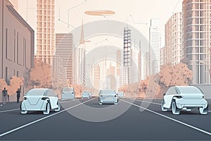 Road in the city with autonomous Driverless cars and people walking on the street. In the background skyline skyscrapers