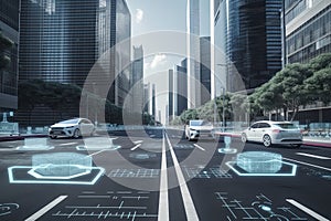 Road in the city with autonomous Driverless cars and people walking on the street. In the background skyline skyscrapers