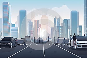 Road in the city with autonomous Driverless cars and people walking on the street. In the background skyline skyscrapers