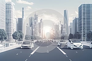 Road in the city with autonomous Driverless cars and people walking on the street. In the background skyline skyscrapers