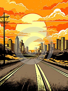 A Road With A City In The Background, Asphalt road and city skyline with colorful sky cloud