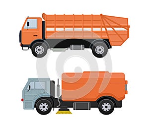 Road cleaning machine vector vehicle truck sweeper cleaner wash city streets illustration, vehicle van car excavator