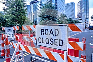 Road closed barricade in a city