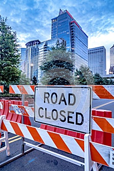 Road closed barricade in a city