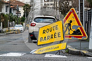 Road closed and diversion signs in French town photo