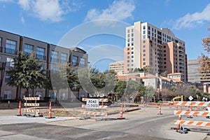 Road closed sign in Downtown Irving, Texas, USA