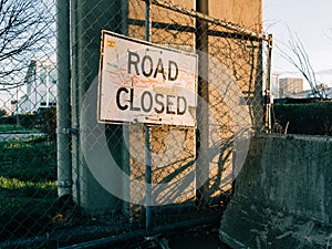 Road Closed sign on a fence, in the Rockaways, Queens, New York City