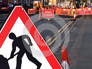 Road closed sign at road works