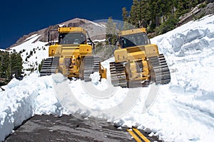 Road closed and Snow Plow in lassen volcanic park during summer July