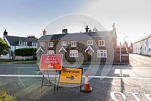 Road closure and diversion signage in UK village